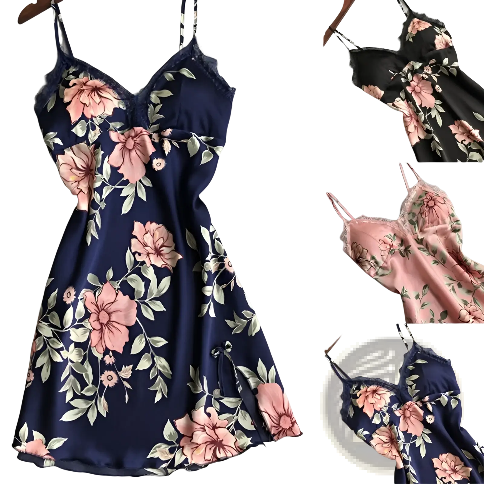 Floral Lace Satin Nightgown Silk Sleepwear Slip Dress